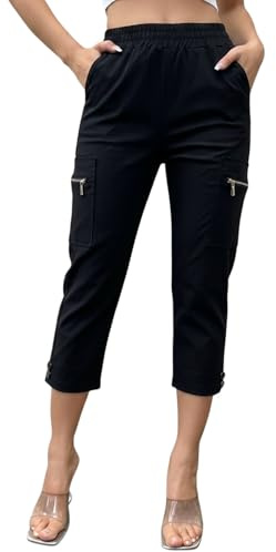 Nuofengkudu Capri Pants for Women UK Stretch Cargo Zip Pockets Ladies Summer Cropped 3/4 Trousers High Waisted Elastic Waist Pull on Tapered Black 2XL