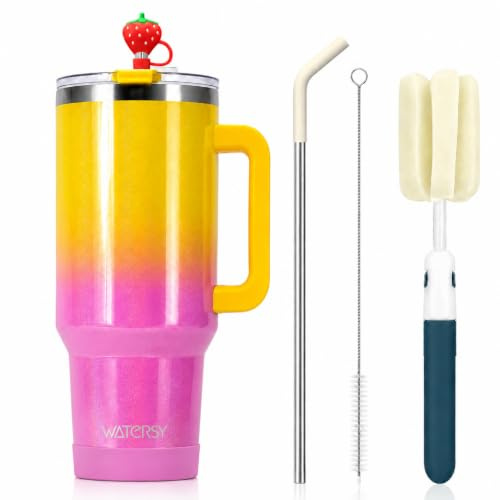 LeuKoles 1 200 ml Watersy Termosmugg med Handtag och Sugrör, Dubbelväggig Rostfritt Stål Kaffemugg att Ta Med (34h Kall Förvaring), Vakuumisolerad Dryckesmugg för Te, Kalla Drycker och Kaffe (Gul