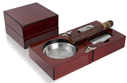 Mantello Cigars Folding Wood Cigar Ashtray Set w/ Triple Jet Flame Butane Cigarette Torch Lighter and Cutter