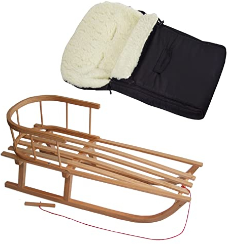BAMBINIWELT Kombi-Angebot Holz-Schlitten mit Rückenlehne & Zugseil + universaler Winterfußsack (90cm), auch geeignet für Babyschale, Kinderwagen, Buggy, aus Wolle Uni (Schwarz)