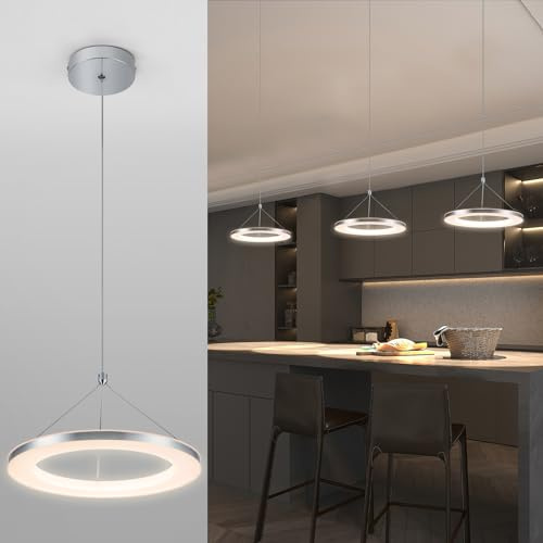 CHYING LED Pendant Lights Kitchen Island, 11.8 15W Warm White Modern Ring Chandelier, Adjustable Height Silver Hanging Pendant Ceiling Light for Dining Room Bedroom Hallway Entryway, 3000K