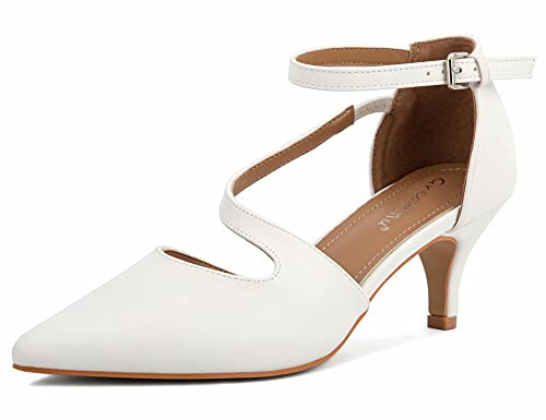 Greatonu Womens Court Shoes D'Orsay Ankle Strap Low Kitten Heel Dress Pumps Wedding Bridal White UK 5