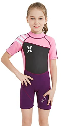 Mädchen 2.5mm Neoprenanzug Kinder Einteiler Tauchanzug Kurzarm Shorty Badeanzug Patchwork Sonnenschutz Rückenreißverschluss One Piece Wetsuit 009 Rose XXL