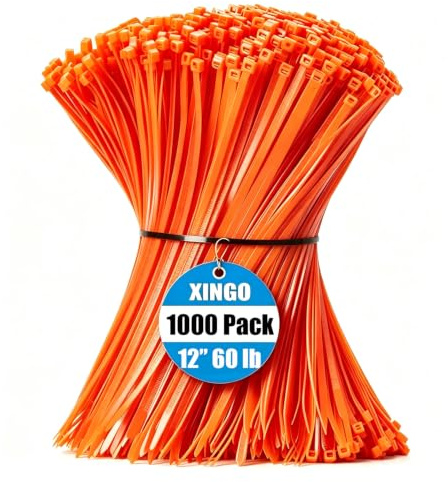 XINGO Orange Cable Ties Pack of 1000, 300mm x 4.8mm, Premium Nylon Durable Zip Ties, Self-Locking UV Resistant Nylon Plastic Wire Ties for Indoor and Outdoor