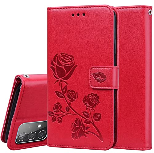 RankOne läder plånböcker fodral för Samsung Galaxy A52/A52 5G/A52s 5G (6,5 tum tum), med korthållare ros mönster design skydd folio Flip Case – röd
