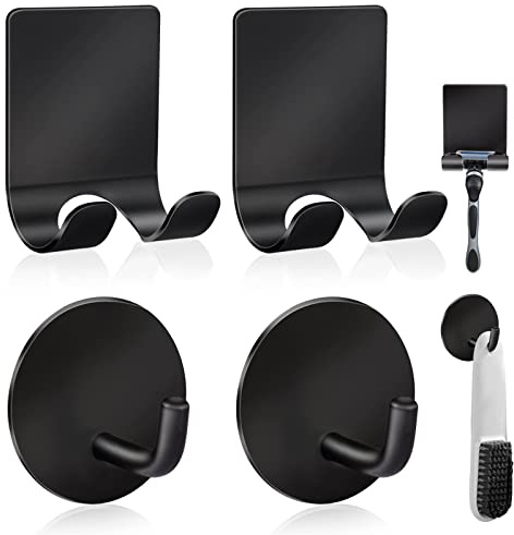 Diesisa Razor Holder 304 Stainless Steel for Shower + Adhesive Sticky Heavy Duty Waterproof Wall Hooks, Premium for Hanging Towels, Coat, hat (2+2 Pack) - Black