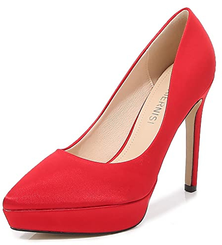 WOkismD Scarpe da donna a punta con plateau tacchi sexy a spillo tacco alto décolleté slip-on party ufficio scarpe raso sposa comfort pompa, rosso, 46