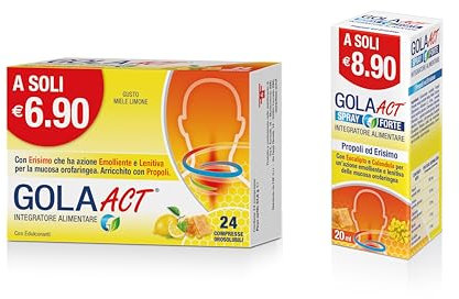 Gola Act Miele e Limone e Gola Act Spray Forte, Integratore Alimentare con Erismo, Vitamina C,Estratti di Propoli, Erisimo ed Oli Essenziali, 1 Confezione Bipack con Spray e Compresse