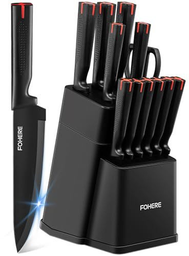 FOHERE 13 Pezzi Set di Coltelli da Cucina in Acciaio Inossidabile con Affilatrice Set Coltelli da Tavolo Professionali con Blocco,Nero