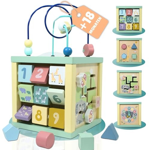 AIAKO Motorikwürfel im Scandi-Look | Montessori Motorikspielzeug ab 1 Jahr | Holzspielzeug ab 1 Jahr | Babyspielzeug ab 1-2 Jahre | Motorikschleife Aktivitätscenter