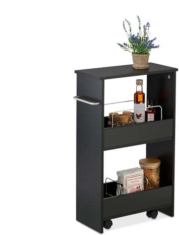 Relaxdays Nischenwagen, 3 Etagen, schmales Nischenregal für Küche & Bad, HxBxT: 66,5 x 42 x 20 cm, Rollregal, schwarz