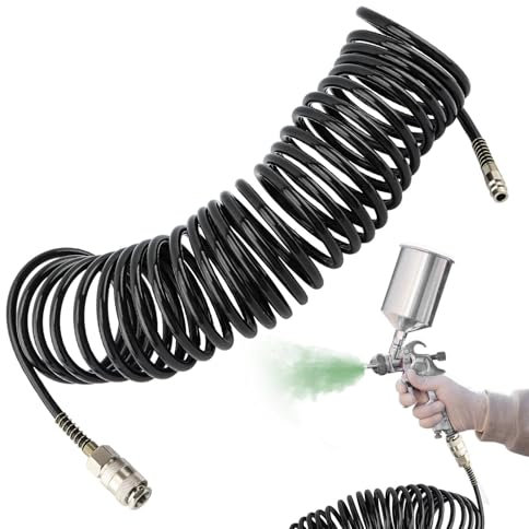 Druckluftschlauch,Spiral Druckluftschlauch 7.5m Lang,Druckluft Spiralschlauch,Innendurchmesser:5mm,mit 1/4inch Europe Schnellkupplung,Knickschutz,Luftdruckschlauch Druckschlauch,PE Luftschlauch