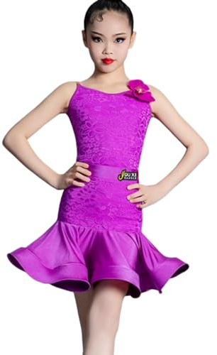 OTMYIGO Viola,150, Vestito Latino in Pizzo per Ragazze, Abito da Ballo Rumba Samba Gonna Abbigliamento da Ballo Moderno Costume da Ballo per Competizione