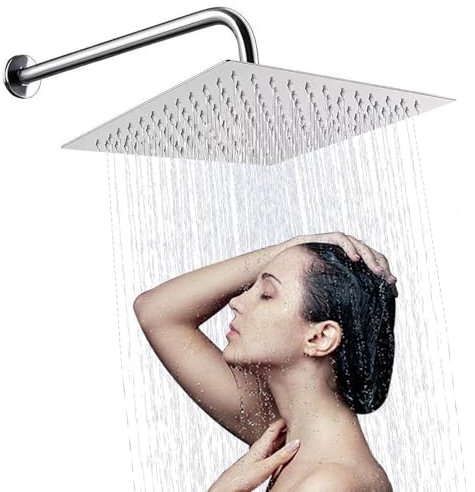 NCCHDZSW Duschkopf 12 Zoll Regendusche mit Ständer Regendusche Duschkopf 304 Edelstahl Quadratisch Regenduschkopf mit Anti-Kalk-Düsen 360° Verstellbarer Drehbar Regendusche Brausekopf Chrom 30 x 30cm