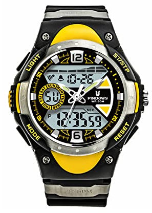 PINDOWS Militär Große Armbanduhr, Herren Uhren Analog Digitaluhr 5 ATM wasserdichte Outdoor Taktische Sportuhr mit Wecker Datum LED Stoppuhr,Black Yellow