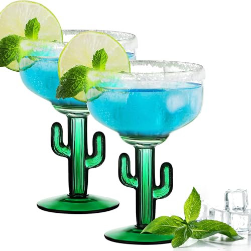 Lot de 2 verres à margarita en forme de cactus, verres à cocktail durables sans plomb, verres à cocktail uniques sur le thème des plantes