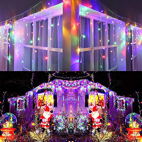 Joomer Multicolor Icicle Lights Outdoor, 250 LED 9.8M Outdoor Christmas Lights Mains Powered, 8 Modes Hanging Fairy Light Christmas Decorations Timer Connectable for Xmas Outside Gutter House Roof