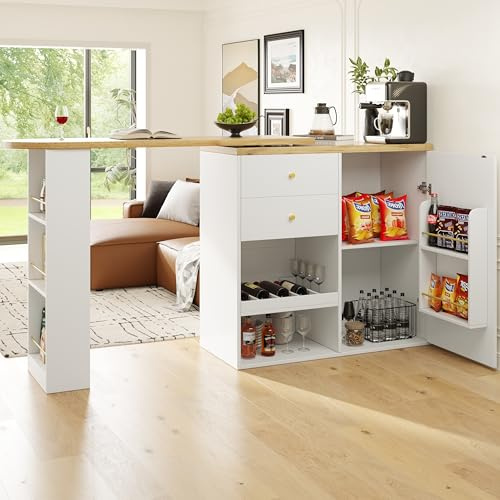 Zepneiy Table de Bar à 360° avec 2 tiroirs et Armoire à Portes coulissantes, Table avec 3 Niveaux d'espace de Rangement Ouvert, pour Salle à Manger et Salon, Blanc (Corps Principal 105 x 39 x 102 cm)