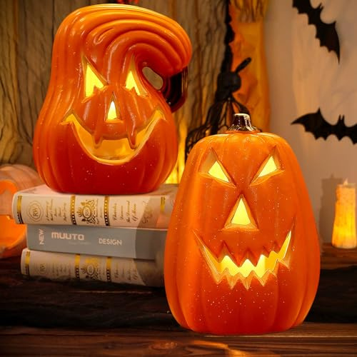 DAZZTIME Calabaza de Halloween,2 Piezas Decoración de Otoño,Luces LED de Calabaza,Decoración de Calabaza,para Carnaval,Mardi Gras,Fiesta Temática,Víspera de Todos los Santos