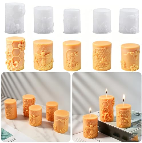 Xidmold Ensemble de 5 moules à bougies piliers en forme de nid d'abeille, moules en silicone en forme de fleur en nid d'abeille pour cire d'abeille, cire de soja, ornement en plâtre, DIY, design de