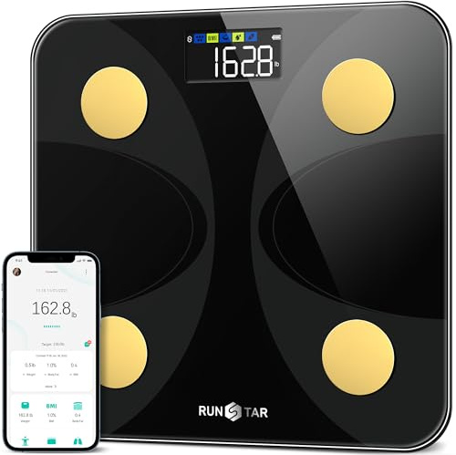 RunStar Bilancia pesapersone e percentuale grasso, Bilancia smart digitale e precisa con ampio display, Analizzatore di 13 dati di composizione corporea, Sync App - Oro Nero