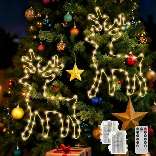 Probuk 2 Renos de Ventana con Luces LED, 120 Luces Blanco Cálido con Control Remoto y 8 Modos, Decoración Navideña Colgante de Metal con Temporizador para Interior y Exterior