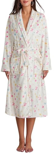 Alaurbeauty Accappatoio da donna in pile con stampa floreale e frutta, morbida flanella lounge abito autunnale carino abito leggero caldo con cintura