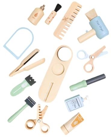 Xgdsnly 16 Pièces Salon de Coiffure Enfant Set de Coiffure Jouets D'Imitation Accessoires de Coupe Outils de Styliste en Bois pour Développer et