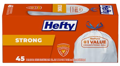 Hefty Strong Tall Kitchen Trash Bags, Unscented, 13 Gallon, 45 Count