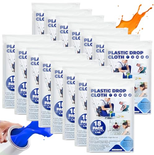 DIDISHU 15 Pack Plastic Drop Cloths for Painting 9x12 Feet, Extra Thick Clear Plastic Painters Drop Cloth, Disposable Paint Plastic Covering Tarp, Waterproof PlasticDust Sheets for Covering Furniture