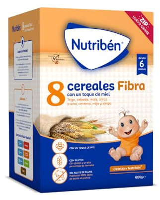 Nutribén Papilla 8 Cereales con un toque de Miel y Fibra, 3600g, Alimento para Bebés a partir de 6 meses, Sin azúcares añadidos, Sin aceite de palma, Paquete de 6 unidades de 600g