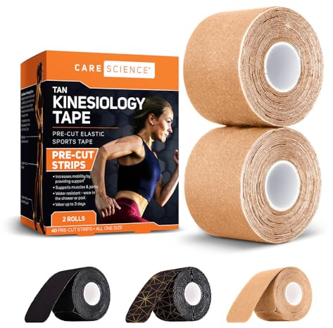 Care Science Waterproof Tan Kinesiology Tape, 40 Precut Strips, 2 Rolls