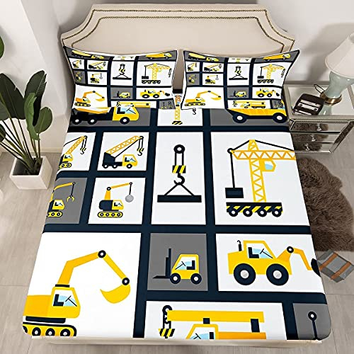 Loussiesd Jungen Konstruktion Spannbettlaken 90x200cm Kinder Karikatur Maschinen LKW Bettlaken Set für Mädchen Schlafzimmer Baustelle Auto Fahrzeug Dekor Spannbetttuch mit 1 Kissenbezug