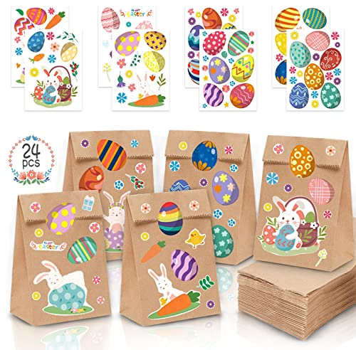 Mizijia Sacchetti di Carta per Pasqua, 24 Pezzi Sacchetti Regalo Pasquali，Sacchetti per Regali per la Pasqua Fai, Sacchetto di Carta Kraft con 8 Fogli di Adesivi con Coniglietto Pasquale