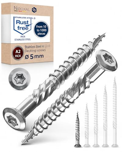 Viti per legno Ø5x40 mm testa bombata TX25 (Torx) – acciaio inox A4 V4A 316 Marine – anticorrosione – per decking e terrazze – per uso professionale – 1000 pezzi – inclusi 2 bit Torx TX25