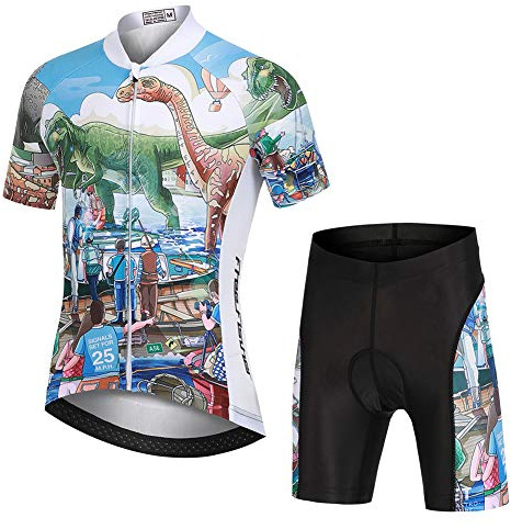 SXSHUN Kinder Jungen Radtrikot Set Mädchen 2tlg Radsport Bekleidung Kurzarm Fahrrad Trikot Kurz Radhose mit Sitzpolster Atmungsaktiver Fahrradanzug, Dinosaurier A, 116