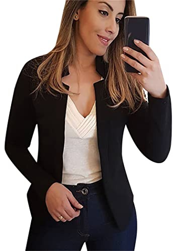 OMZIN Femmes Blazer Cropped Open Front O Neck Casual Bureau Costume Veste De Travail Noir S