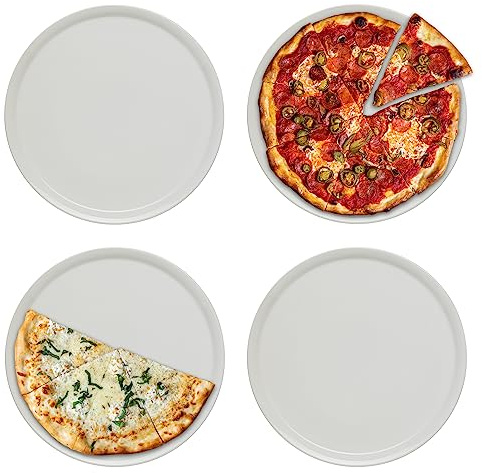KHG 4er Set Pizzateller, extra groß mit 33cm Durchmesser in weiß, perfekt für Gastro und Zuhause, hochwertiges Porzellan, Spühlmaschinengeeignet & perfekt Stapelbar im zeitlosem Design