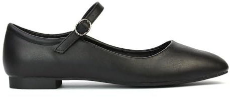 ESSEX GLAM Womens Mary Jane Ballet Shoes Ladies Flats Buckle Strap Square Toe Black Synthetic Leather Dolly Pumps Size 6