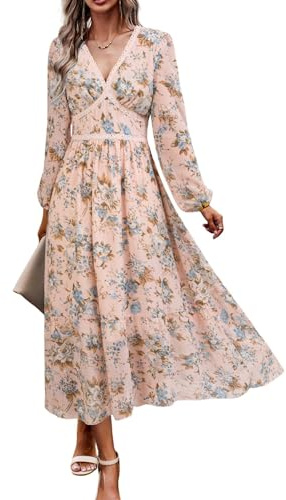 Women's Spring Wrap Maxi Dress Floral V Neck Long Sleeve Wedding Guest Party Casual Chiffon Dress Pink L