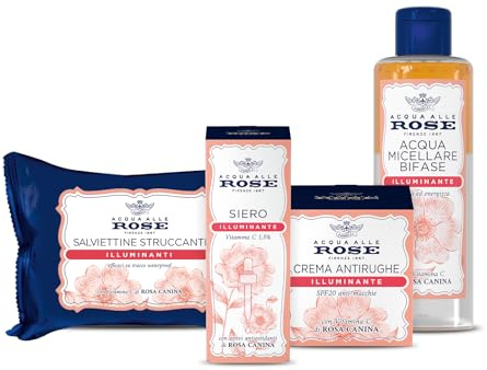 Acqua alle Rose, Kit Routine Viso Illuminante con Vitamina C, Acqua Micellare Bifasica, Crema Antirughe, Salviettine Struccanti, Esclusiva Amazon