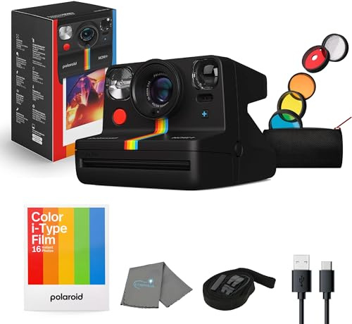 Polaroid Now+ Gen 2 fotocamera istantanea, nero, Bluetooth Now Plus con kit di 5 filtri per lenti e custodia, pellicola a 8 colori, funziona con Polaroid i-Type e 600 film, e panno per la pulizia