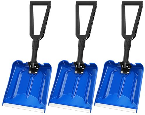 Leriton Lot de 3 pelles à neige pliables d'urgence pour voiture avec poignée en D et lame à bord en aluminium de 22,9 cm - Pelle à neige portable et compacte pour voiture, camping, coffre, bleu