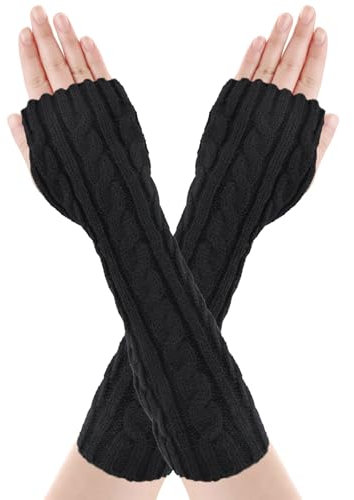 SGQTZDZQ Knitted Wrist Warmers Womens, Autumn Winter Arm Warmers with Thumb Hole, Fashion Long Fingerless Gloves for Women Girls (Black Texture)
