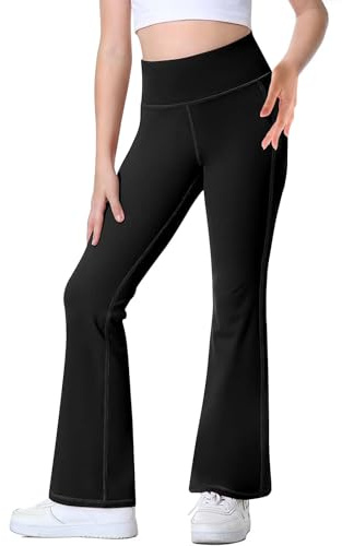 Risipu Girls Flare Leggings Kids High Waisted Trouser Bell Bottom Pants Dance Yoga Athletic Leggings for Kids (Age 9-10, Black)