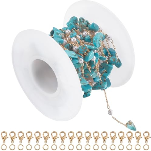SUNNYCLUE 5 m guldkedjor rulle naturlig sten pärlkedja turkos imitation pärla länkkedjor med spole öppna hoppringar hummerlås för smyckestillverkning armband halsband gör-det-själv hantverk