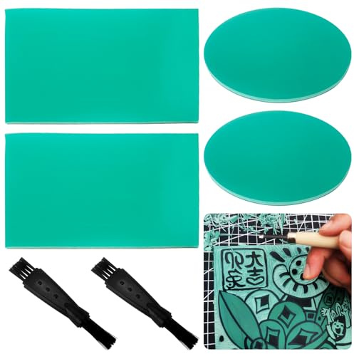4 Blocs Plaque Linogravure Caoutchouc Souple à Graver, Vert Surface Plane Set de Linogravure pour Tampons en Caoutchouc, Projets D'artisanat et d'impression (A6, Rond)