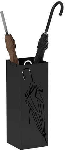 HOMCOM Metal Umbrella Stand, Square Umbrella Holder with 4 Hooks and Removable Drip Tray, Decorative Umbrella Storage Rack for Entryway, Hallway, 15.5 x 15.5 x 41 cm, Black