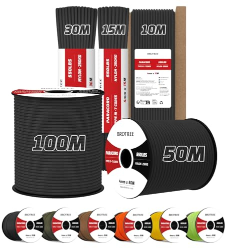 Brotree 4mm Paracord 550 10M Nylon Rope 7 Strands Type III Parachute Cord