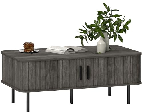 HOMCOM Coffee Table with Storage, Living Room Table with Slatted Tambour Sliding Doors and Foot Pads, Rectangular Coffee Table with Elevated Base for Living Room, Grey Wood-Effect